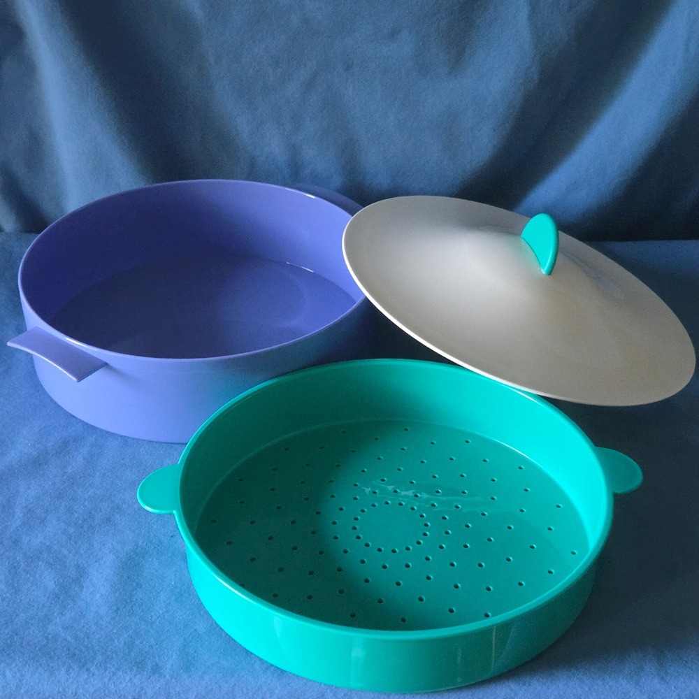 Tupperware Microwave Multi Steamer 3 Piece Set Purple Teal White Vintage USA